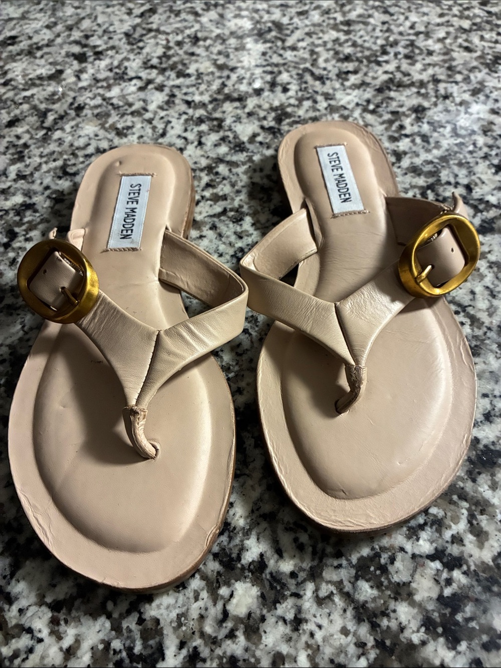 Steve Madden Nude Beige Thong Sandals with Gold Buckle Accent